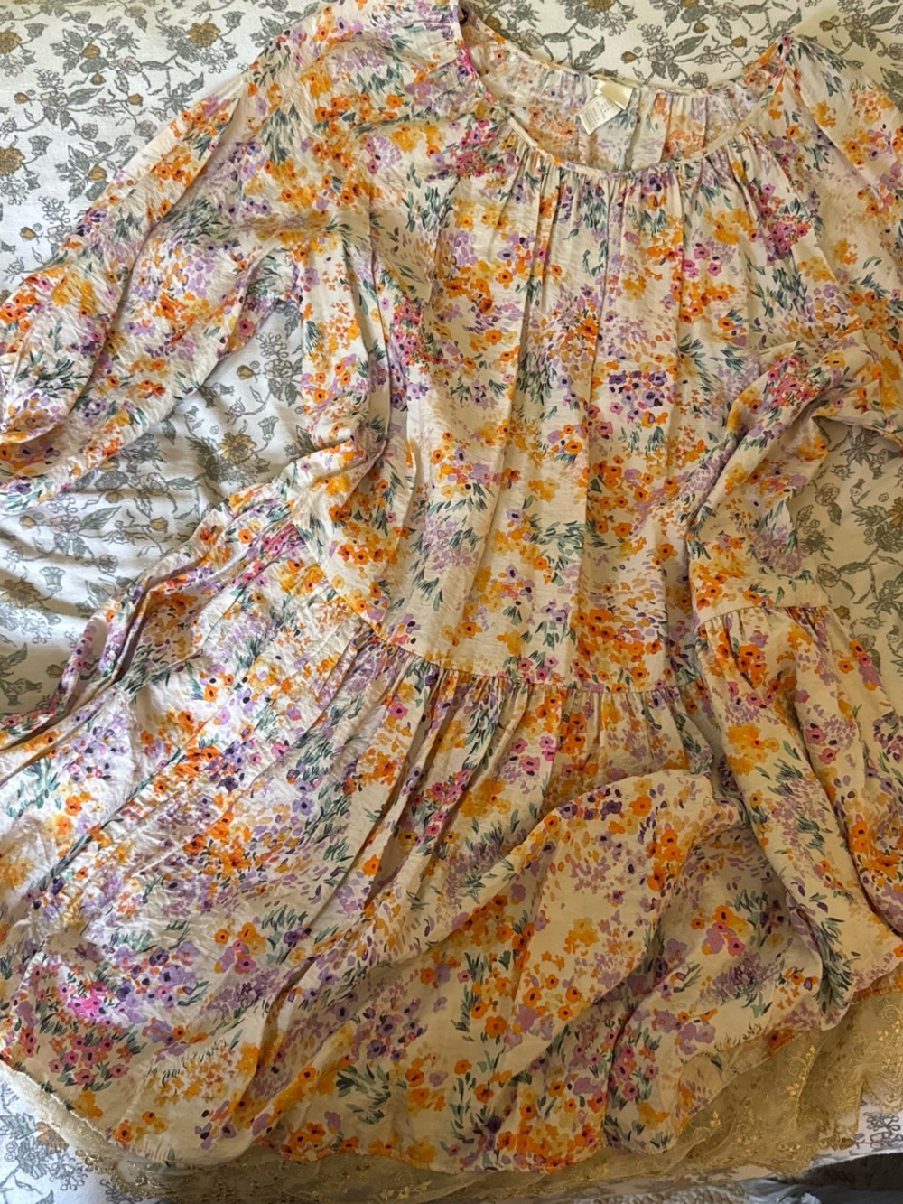 H&M Cream Floral Tiered Dress with Yellow and Purple Flowers